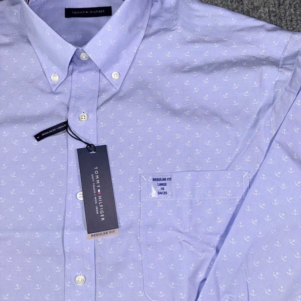 Tommy Hilfiger Mens Regular Fit Non-Iron Anchor Print Shirt Blue Large 16 34/35 - Picture 4 of 9